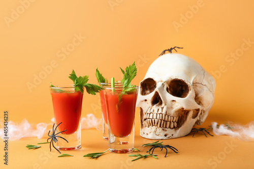 Shots of tasty bloody Mary cocktail decorated for Halloween on color background © Pixel-Shot