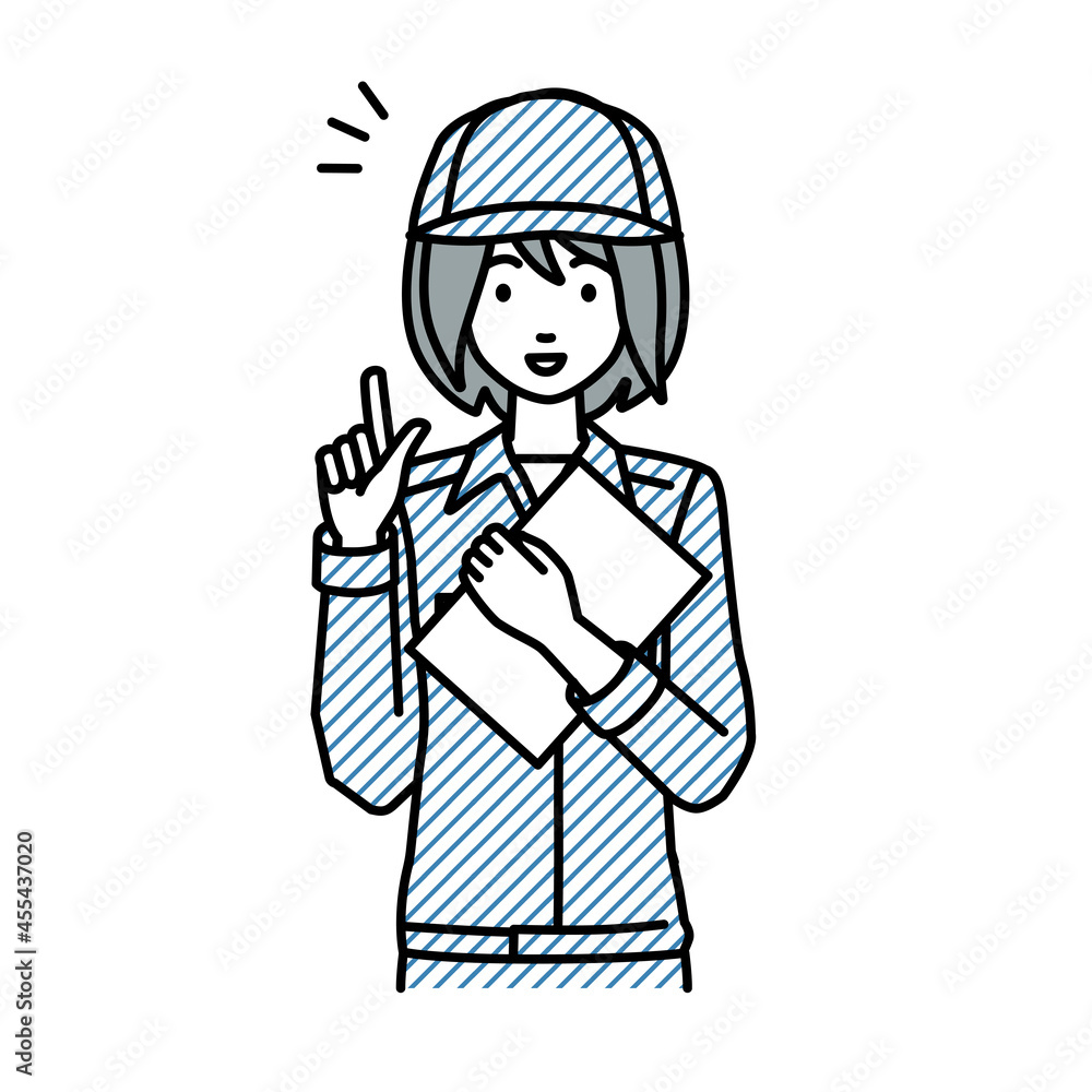 立って書類を手に持って何かひらめいた作業員の女性 立って書類を手に持って何かひらめいた作業員の女性
