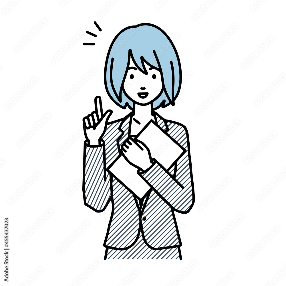 立って書類を手に持って何かひらめいたスーツの女性 立って書類を手に持って何かひらめいたスーツの女性
