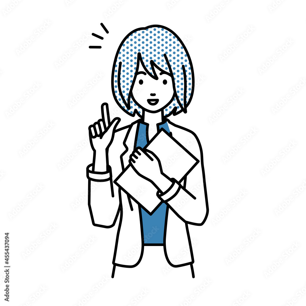 立って書類を手に持って何かひらめいたジャケットの女性 立って書類を手に持って何かひらめいたジャケットの女性