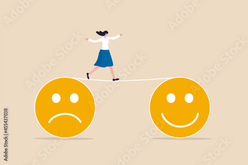 Relaxation make anxiety or stressed to happy, optimistic relief or metal illness therapy, bipolar disorder or mindful thinking concept, depressed woman walk the line from sadness to happiness face.