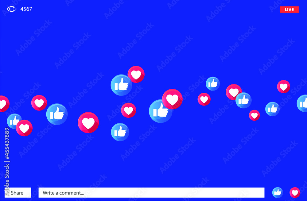 Like and heart icons for live stream video chat likes background vector design template. Social nets blue thumb up like and red heart web buttons isolated on white background. Vector illustration