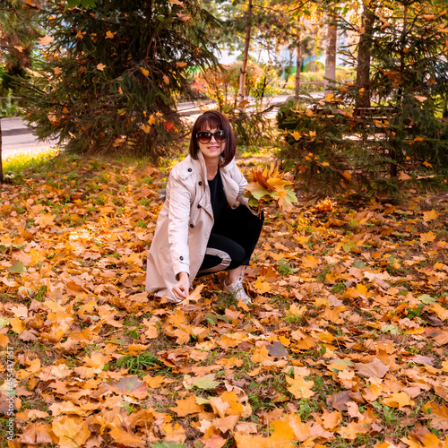 attractive brunette woman holds colorful maple leaves. Lady enjoys autumn nature and relaxes, sitting on  ground and making an autumn bouquet