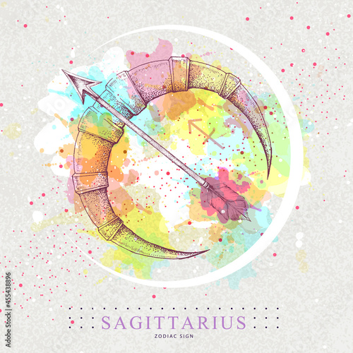 Modern magic witchcraft card with astrology Sagittarius zodiac sign. Hand drawing Bow and arrow illustration