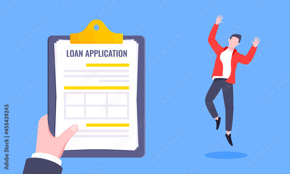 Obraz premium Hand holds loan approval application paper sheets document. Mortgage or credit form with stamp approved and happy person jumping behind flat style design vector illustration.