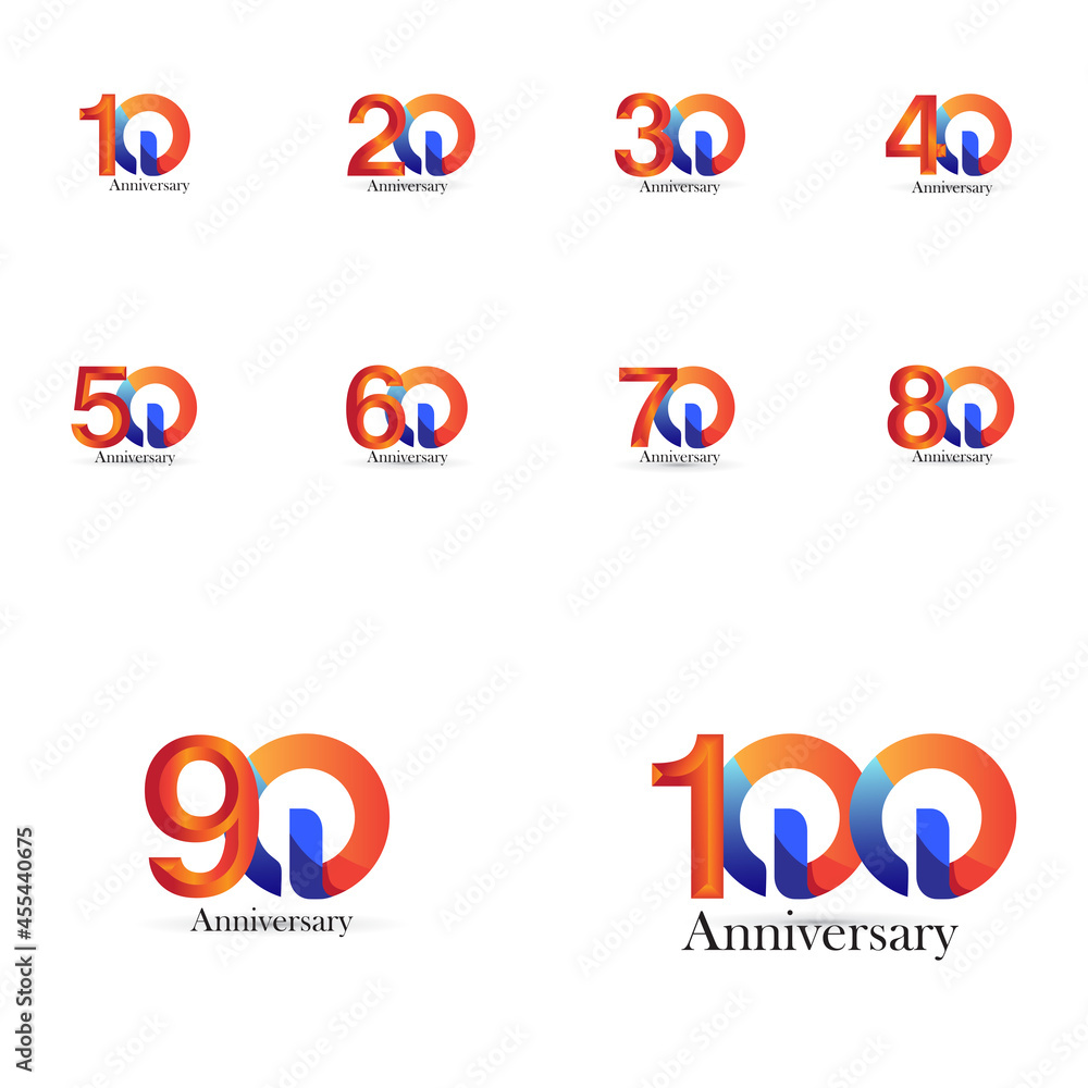 set 10, 20, 30, 40, 50, 60, 70, 80, 90, 100 Year Anniversary Vector Template Design Illustration