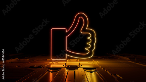 Orange and Yellow Social Media Technology Concept with like symbol as a neon light. Vibrant colored icon, on a black background with high tech floor. 3D Render photo