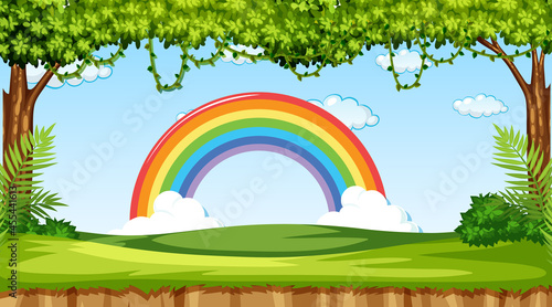 Nature scene background with rainbow in the sky