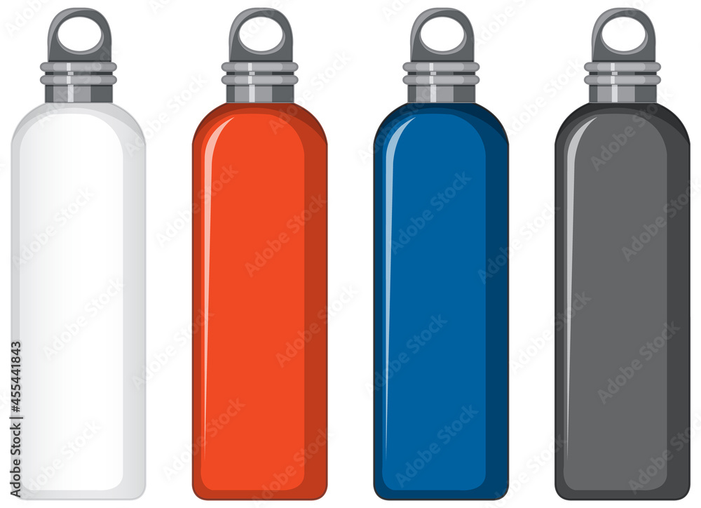 Set of different colour metal water bottles isolated Set of different colour metal water bottles isolated