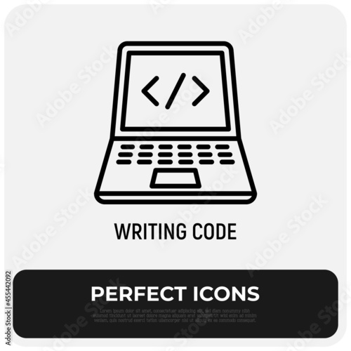 Writing code thin line icon, open laptop with code. Web development, programming. Modern vector illustration.