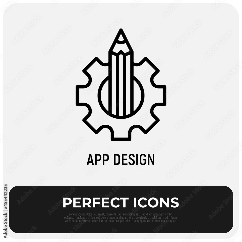 App design thin line icon, pencil in cogwheel. Modern vector illustration. App design thin line icon, pencil in cogwheel. Modern vector illustration.