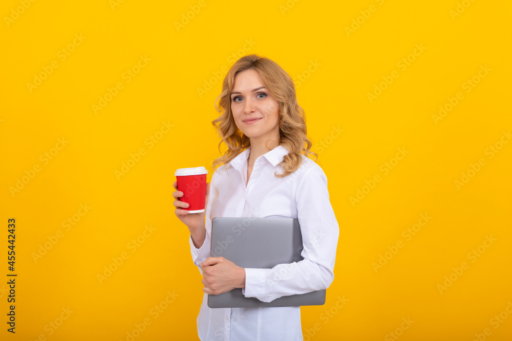 Professional business woman with laptop hold takeaway coffee or tea paper cup, break Professional business woman with laptop hold takeaway coffee or tea paper cup, break