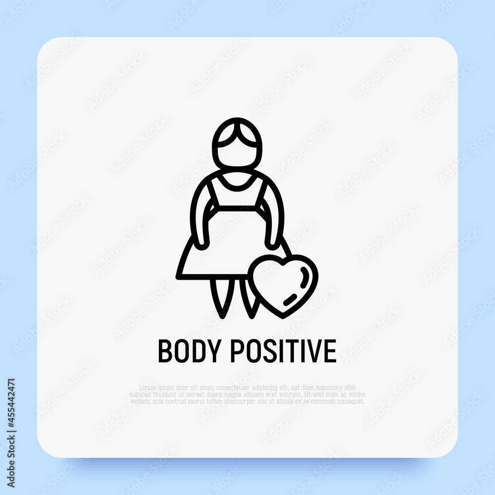 Body positive thin line icon, woman size plus with heart. Modern vector illustration. Body positive thin line icon, woman size plus with heart. Modern vector illustration.
