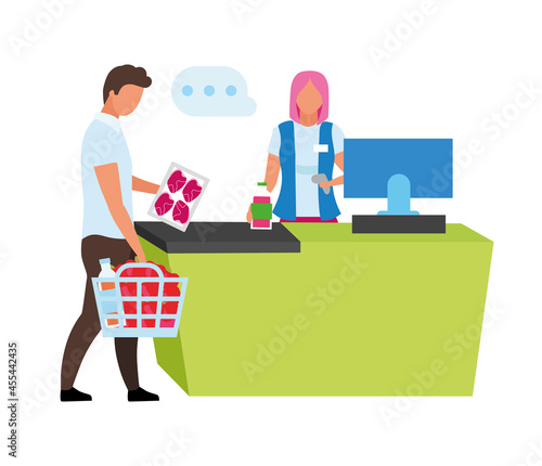Cashier scanning customer products semi flat color vector characters. Full body people on white. Grocery store checkout area isolated modern cartoon style illustration for graphic design and animation