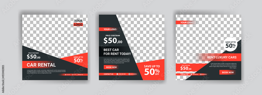 Social media post template for automotive car rental service. Banner vector for social media ads, web ads, business messages, discount flyers and big sale banners. - obrazy, fototapety, plakaty 