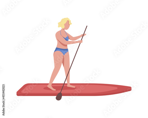 Female standing up with SUP paddle semi flat color vector character. Full body person on white. Recreation activity isolated modern cartoon style illustration for graphic design and animation