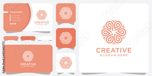 Round emblem flower in a circle n linear style. Vector abstract badge for design of natural products, flower shop, cosmetics, ecology concepts, health, spa, yoga Center.