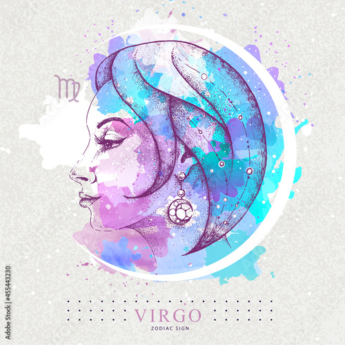 Modern magic witchcraft card with astrology Virgo zodiac sign. Hand drawing Woman head illustration