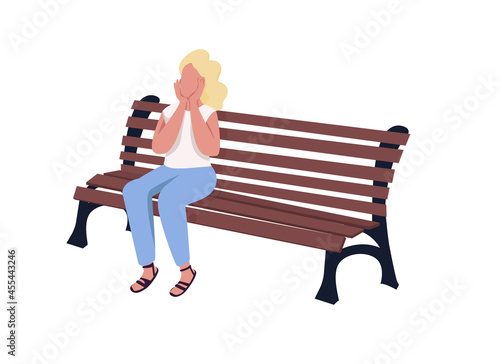 Pleased girl sitting on bench semi flat color vector character. Full body person on white. Park visitor relaxing isolated modern cartoon style illustration for graphic design and animation