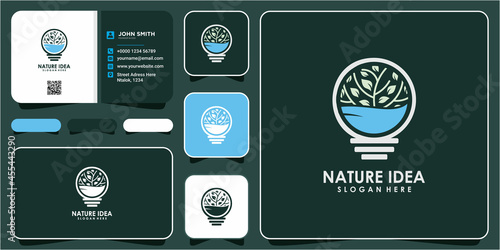 Bulb lamp nature think logo and business card design vector. Light bulb Tree logo with line art style and business card design template.