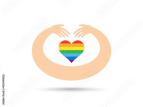 Hand hug LGBT heart logo design. Friendship and Culture diversity care. Rainbow love flag warm hug. LGBT love relationship with care hands. Pride banner with heart. Vector logo