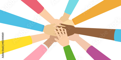 Hands putting together background. Diverse group of people. Team community, volunteering and partnership. Volunteer hands together. Community of social charity. People equity help. Inclusion vector