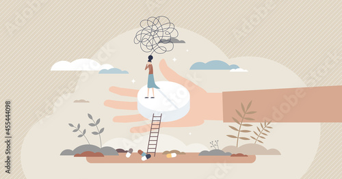 Anxiety medications and prescription pills for depression tiny person concept. Psychological problem treatment with pharmacy drugs vector illustration. Psychotherapy medical recipe for mental solution