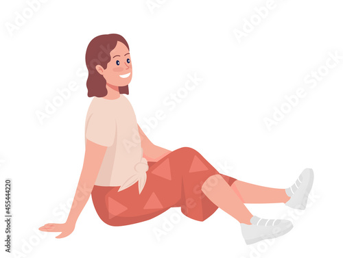 Stylish teen girl semi flat color vector character. Sitting figure. Full body person on white. Happy teen isolated modern cartoon style illustration for graphic design and animation