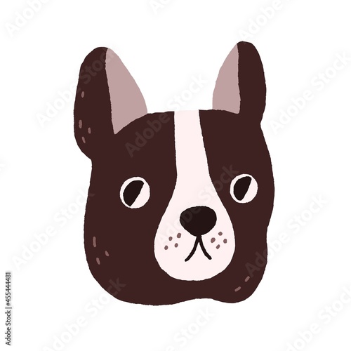 Cute dog's face. Funny puppy's head of French bulldog. Amusing doggy portrait. Adorable muzzle of canine animal. Sweet lovely pup drawn in doodle style. Flat vector illustration isolated on white