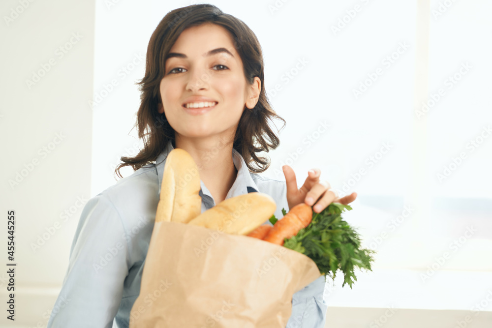 cute brunette food bag vegetables healthy food lifestyle cute brunette food bag vegetables healthy food lifestyle