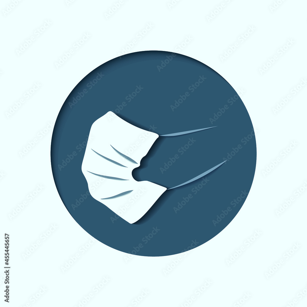 Vector illustration. Medical protective mask symbol. Mask on the background of a blue circle. Drawing in the style of cut paper. Minimalistic image. Seal of symbolism. Vector illustration. Medical protective mask symbol. Mask on the background of a blue circle. Drawing in the style of cut paper. Minimalistic image. Seal of symbolism.
