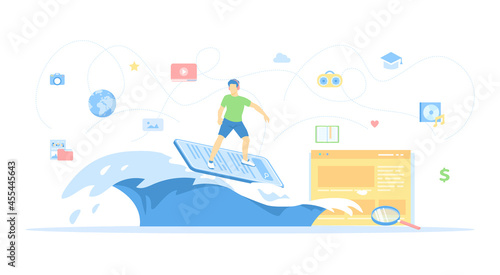 Internet Surfing. Online Search and Viewing information on the Internet, Browsing. Man riding a wave on a smartphone. Mobile phone as a surf board. Vector illustration flat style.