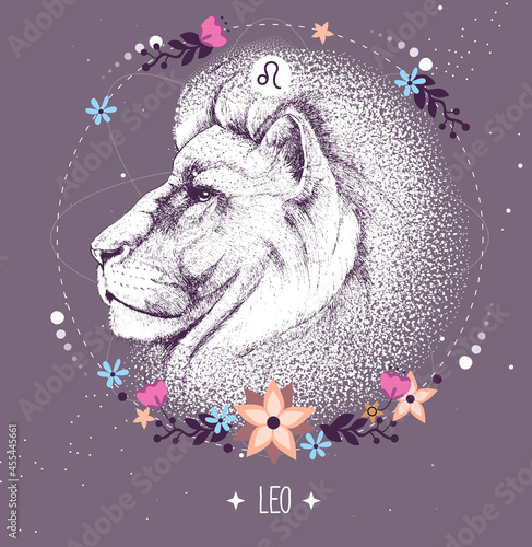 Modern magic witchcraft card with astrology Leo zodiac sign. Realistic hand drawing lion head