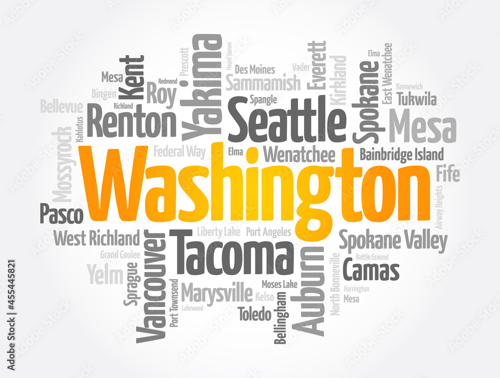 List of cities in Washington USA state, word cloud concept background