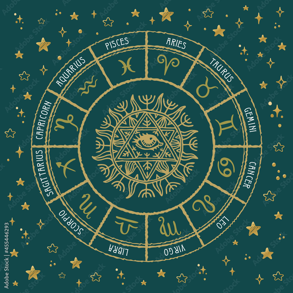 Horoscope circle with sun,moon,star and zodiac signs