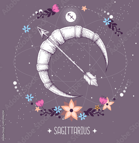 Modern magic witchcraft card with astrology Sagittarius zodiac sign. Realistic hand drawing Bow and arrow illustration