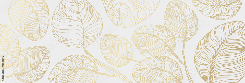 Luxury floral pattern with gold leaves on a white background. Vector illustration with plant elements in line art style for covers, advertisements, wedding invitations, cards, wallpapers Luxury floral pattern with gold leaves on a white background. Vector illustration with plant elements in line art style for covers, advertisements, wedding invitations, cards, wallpapers
