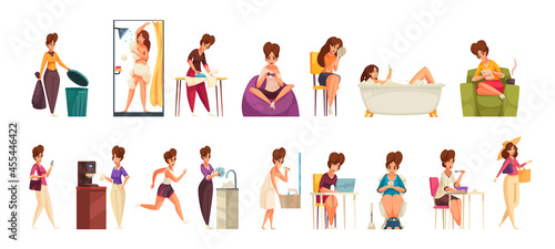 Daily Woman Routine Cartoon Set