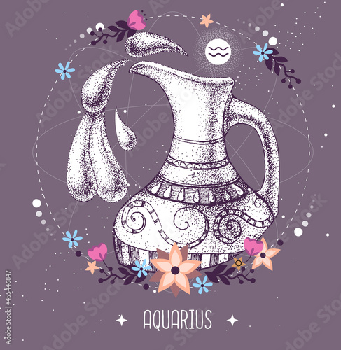 Modern magic witchcraft card with astrology Aquarius zodiac sign. Realistic hand drawing water jug illustration