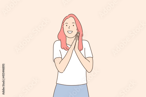 Beautiful smiling cheerful woman rubbing hands and wishing fun
. Hand drawn style vector design illustrations.