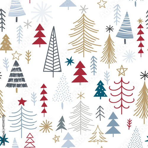 Winter seamless pattern with christmas trees, spruce woods on white background. Surface design for textile, fabric, wallpaper, wrapping, giftwrap, paper, scrapbook and packaging