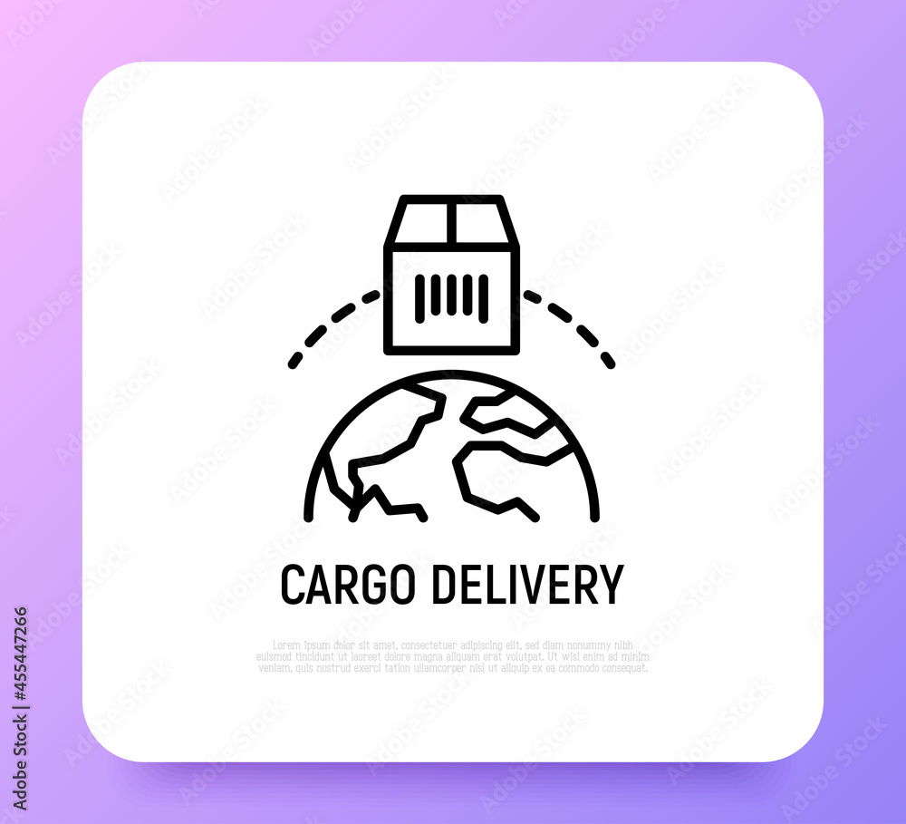 Cargo delivery thin line icon. Worldwide delivery. Package moving around the globe. Logo for logistics. Modern vector illustration. Cargo delivery thin line icon. Worldwide delivery. Package moving around the globe. Logo for logistics. Modern vector illustration.