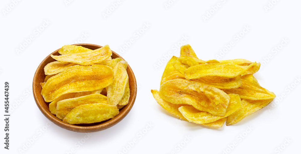 Banana slice chips on white background Banana slice chips on white background