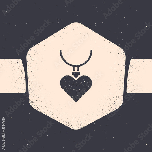 Grunge Necklace with heart shaped pendant icon isolated on grey background. Jewellery decoration. International Happy Women Day. Monochrome vintage drawing. Vector