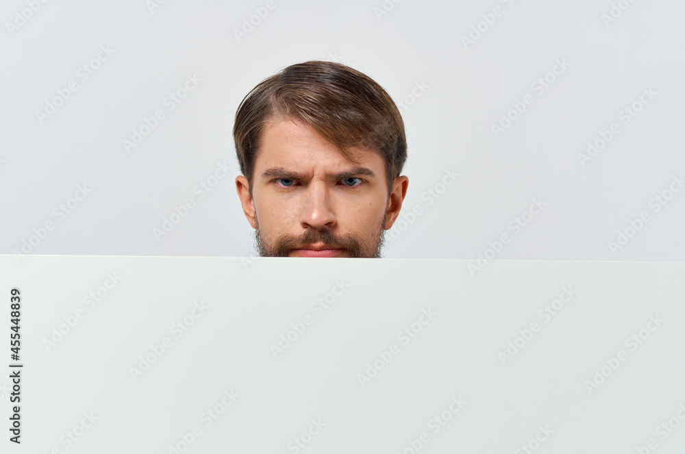 Cheerful man in suit white mocap poster discount advertising isolated background Cheerful man in suit white mocap poster discount advertising isolated background