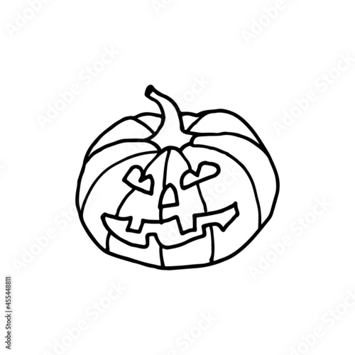Pumpkin with face on white background. Halloween. Hand drawn illustration. Doodle style.