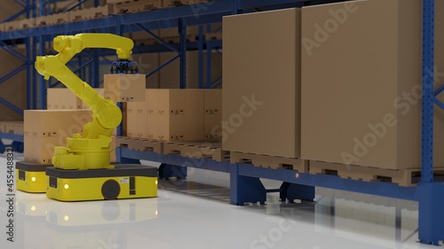 Factory 4.0 concept: The collaboration of industrial robot and AGV (Automated guided vehicle) in smart warehouse. 3D illustration