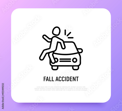 Fall accident thin line icon. Pedestrian is hitten by a car. Modern vector illustration of road safety.