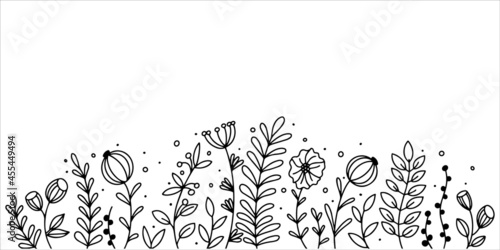 vector illustration in doodle style. simple line drawn wildflowers, graphic black and white drawing, border, frame. abstract flowers, leaves, branches