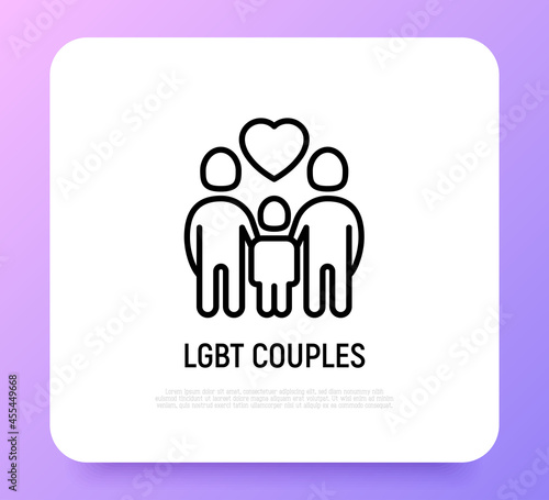 Happy LGBT couple with child thin line icon. Adoption for homosexual family. Modern vector illustration.
